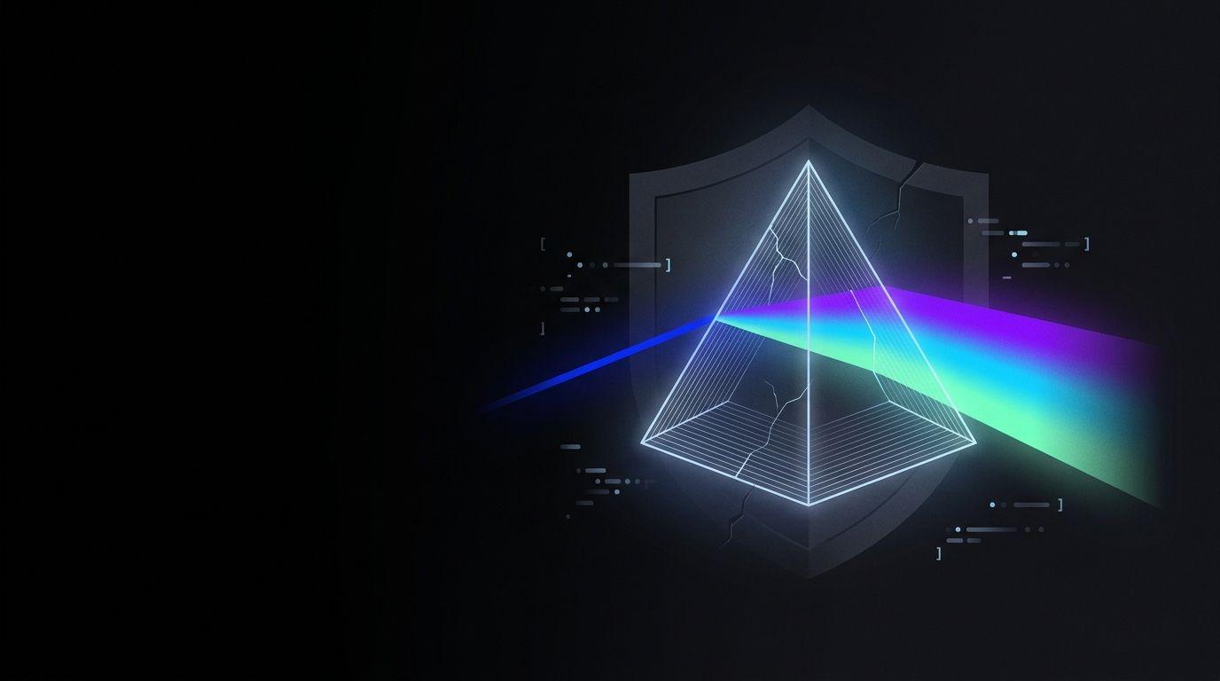 Prisma de líneas luminosas con grietas finas delante de un escudo oscuro; un haz de luz azul lo atraviesa y sale como un espectro violeta, cian y verde, rodeado de fragmentos de código
